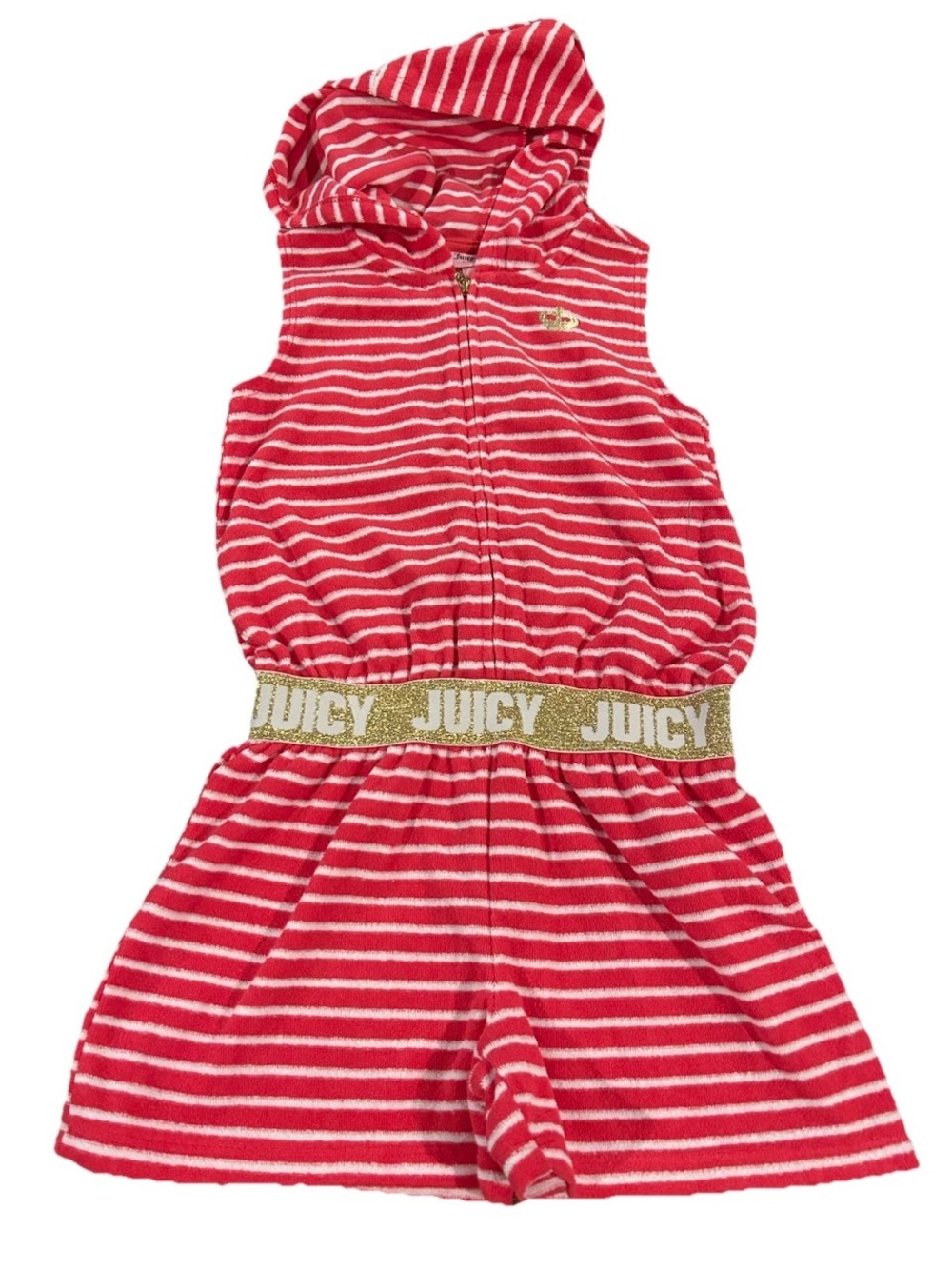 Juicy Couture Red & White Striped Hooded Romper with Gold Elastic Waist Size 6